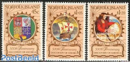 Norfolk Island 1992 Columbus 3v, Mint NH, History - Transport - Coat Of Arms - Explorers - Ships And Boats - Exploradores