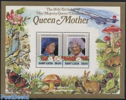 Saint Lucia 1985 Queen Mother S/s, Mint NH, History - Nature - Transport - Kings & Queens (Royalty) - Birds - Butterfl.. - Koniklijke Families