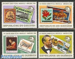 Burundi 1984 Hamburg Congress 4v, Mint NH, Nature - Transport - Cat Family - Zebra - Stamps On Stamps - U.P.U. - Autom.. - Sellos Sobre Sellos