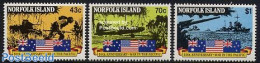 Norfolk Island 1991 W.W. II In The Pacific 3v, Mint NH, History - Transport - Militarism - World War II - Aircraft & A.. - Militaria