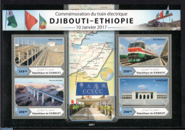 Djibouti 2017 Railways 4v M/s, Mint NH, History - Transport - Various - Flags - Globes - Maps - Art - Architecture - B.. - Geografia