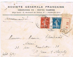 75 PARIS8 YT 135 &140 Semeuse Lettre Recommandée 11/1913  Enveloppe Commerciale Sté Générale Française Assurances   (52) - 1906-38 Säerin, Untergrund Glatt