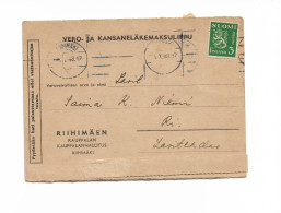 Tax & National Pension Payment Ticket 1948 Posted In Riihimäki Finland - Brieven En Documenten