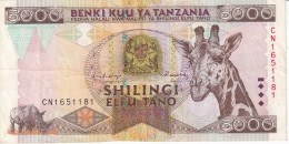BILLETE DE TANZANIA DE 5000 SHILINGI DEL AÑO 1997 EN CALIDAD MBC (VF) (BANKNOTE) JIRAFA -GIRAFFE - Tanzanie