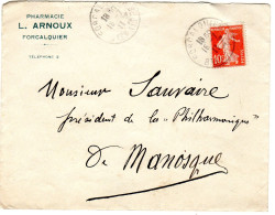 1911  CAD De FORCALQUIER  " Pharmacie L ARNOUX " Envoyée à MANOSQUE - Briefe U. Dokumente