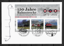 2022 Joint Austria-Liechtenstein-Switzerland, MIXED FDC SOUVENIR SHEET 3 CANCELS: Railway - Emisiones Comunes