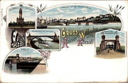 Lithographie Holtenau Kiel, Kaiser Wilhelm Kanal, Hochbrücke Levensau, Leuchtturm, Schleuse - Altri & Non Classificati