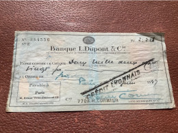 BANQUE L.DUPONT & CIE Chèque Bancaire ANNÉE 1943 - Chèques & Chèques De Voyage