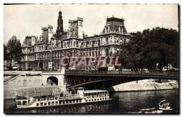 CPM Paris Et Ses Merveilles L&#39Hotel De Ville Et Le Pont D&#39Arcole Bateau Peniche Publicite Ripo - Altri Monumenti, Edifici