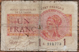Billet De 1 Franc MINES DOMANIALES DE LA SARRE état Français A 212773  Cf Photos - 1947 Sarre
