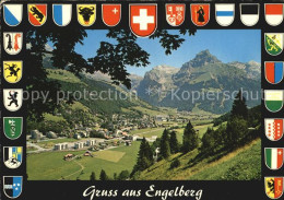 12502484 Engelberg OW Panorama Sommer Und Winterkurort Mit Hahnen Wappen Engelbe - Sonstige & Ohne Zuordnung