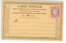 CARTE POSTALE PRECURSEUR Vierge ( Non écrite ) Avec Timbre Ceres 10c Brun Sur Rose ( Année 1872 ) - 1849-1876: Période Classique
