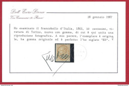 1863 Italia - Regno , N° 17T  TORINO  10 Cent. Giallo Ocra  MLH/* Certificato E - Otros & Sin Clasificación