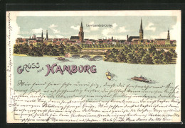 Lithographie Hamburg, Lombardsbrücke Mit Dampfern  - Mitte
