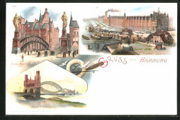 Lithographie Hamburg, Brooks Brücke, Freihafen Lagerhäuser, Neue Elbbrücke  - Mitte