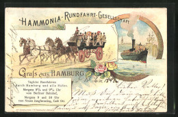 Lithographie Hamburg, Hammonia-Rundfahrt-Gesellschaft, Pferdekutsche Und Dampfer  - Mitte