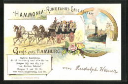 Lithographie Hamburg, Pferdekutsche Und Dampfer, Hammonia-Rundfahrt-Gesellschaft  - Mitte