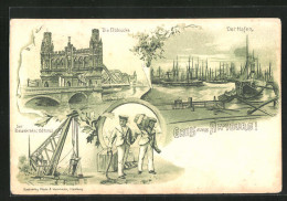 Lithographie Hamburg, Hafen Mit Segelschiffen Und Der Riesenkrahn In Betrieb  - Mitte