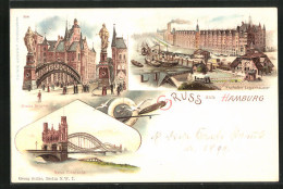 Lithographie Hamburg, Brooksbrücke Und Freihafen Lagerhäuser  - Mitte