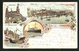 Lithographie Hamburg, Schnelldampfer Normannia, Schiffswerft, Elbbrücke  - Mitte