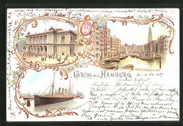 Lithographie Hamburg, Schnelldampfer Normannia, Fleet Bei Der Reimersbrücke  - Mitte