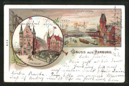 Lithographie Hamburg, Freihafen Und Jungfernbrücke  - Mitte