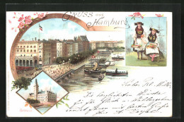 Lithographie Hamburg, Jungferstieg Und Frauen In Tracht  - Mitte