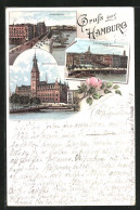 Lithographie Hamburg, Jungfernstieg, Alsterarcaden & Reesendammbrücke, Rathaus  - Mitte