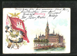 Lithographie Hamburg, Partie Am Rathaus, Flagge, Anker Und Kompass  - Mitte