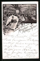 Vorläufer-Lithographie München, 1895, Gasthaus Rathauskeller, Innenansicht  - Muenchen