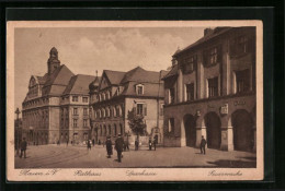 AK Plauen I. V., Rathaus, Sparkasse, Feuerwache  - Pompieri