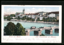 AK Basel, Alte Rheinbrücke Mit Strassenbahn Gegen Münster  - Tramways