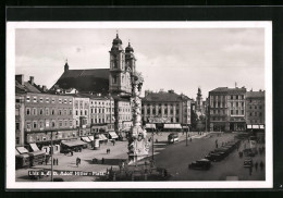 AK Linz A. D. D., Strassenbahn Auf Dem Platz, Geschäfte Und Litfasssäule  - Strassenbahnen