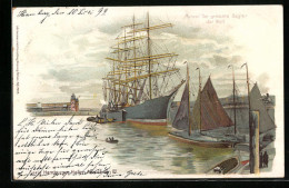 Lithographie Grösstes Segelschiff Der Welt Potosi Im Hamburger Hafen  - Segelboote