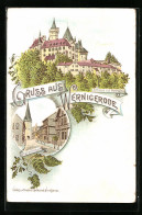 Lithographie Wernigerode, Schloss V. D. Weststeite, Westernthor  - Wernigerode