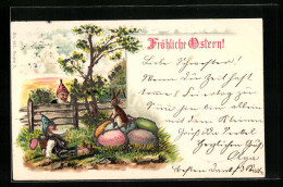 Lithographie Fröhliche Ostern, Zwerg Sitzt Auf Seinem Hosenboden Der Osterhase Auf Den Eiern  - Pâques