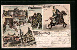 Lithographie Ludwigsburg / Württemberg, Schloss Monrepos, Emichsburg, Stadtkirche  - Ludwigsburg