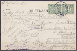 Pays-Bas - CP Colorisée Affr. 2x 2½c Càd KADZAND /8 SEP 1913 Pour Administrateur Territorial à KIMBUNDJI Katanga Via Eli - Lettres & Documents