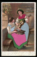 Präge-AK Zwei Frauen In Trachten Spielen Musik Mit Gitarre Und Zither  - Music And Musicians