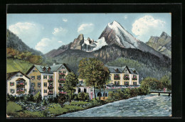 Künstler-AK Berchtesgaden, Hotel Schwabenwirt Vor Herrlichem Panorama  - Berchtesgaden