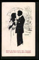 Künstler-AK Sign.Carlous: Scherenschnitt, Mann Und Frau Unter Einem Regenschirm, Im Hintergrund Amor  - Siluette