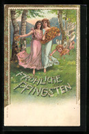 AK Fröhliche Pfingsten, Zwei Hübsche Mädchen Mit Einem Korb Voller Blüten  - Pentecost
