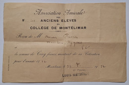 DOCUMENT - ASSOCIATION AMICALE DES ANCIENS ELEVES DU COLLEGE DE MONTELIMAR - COTISATION 1924 - Diplômes & Bulletins Scolaires