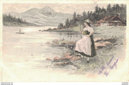 ILLUSTRATION FEMME EN COSTUME DU TYROL AU BORD D'UN LAC - 1900-1949