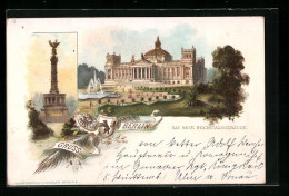 Lithographie Berlin-Tiergarten, Siegessäule Und Schloss, Mit Wappen  - Tiergarten