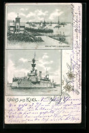 AK Kiel, SMS Aegir, Küstenpanzerschiff Der Kaiserl. Marine, Hafen U. Landungsbrücken  - Oorlog