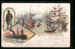 Lithographie Hamburg, Hafen, Quartiersmann, Passagierschiff Pennsylvania  - Piroscafi