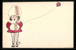 Künstler-AK Handgemalt: Mädchen Im Roten Mantel Mit Ballon  - 1900-1949