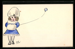 Künstler-AK Handgemalt: Mädchen Im Blauen Mantel Mit Muff Und Ballon  - 1900-1949