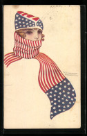 Künstler-AK Nanni: Dame Mit Schla Und Mütze In Den Farben Der US-amerikanischen Nationalflagge  - Nanni